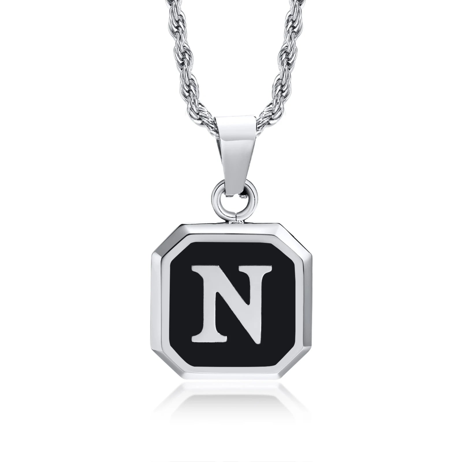 Initials Necklaces for Men Women,A-Z 26 Letters Black Square Stainless Steel Pendant Collar,45-60CM Twisted Rope Chain