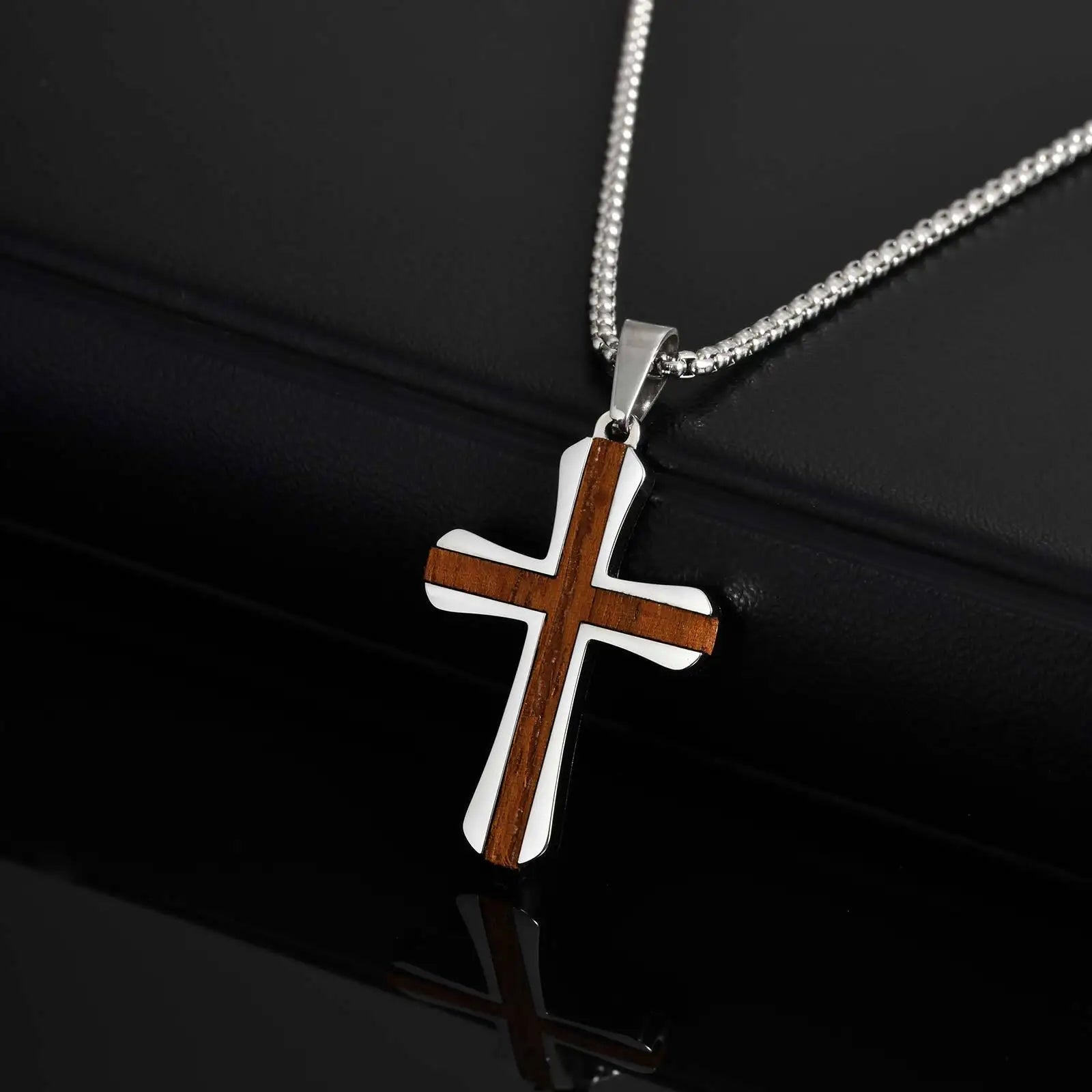 Wood Cross Silver Pendant Necklace — Stainless Steel