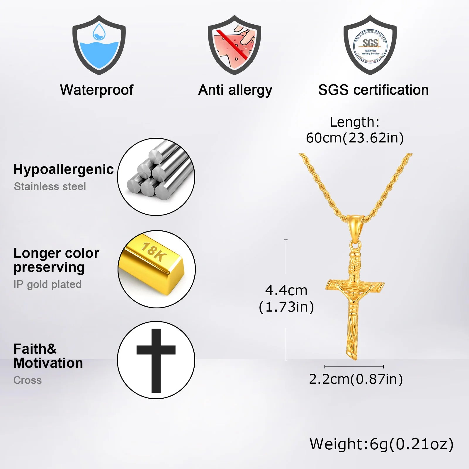 Religious Cross Jesus Pendant Necklace for Men Women, Non-Fading Stainless Steel Chains Choker, Prayer Faith Jewelry