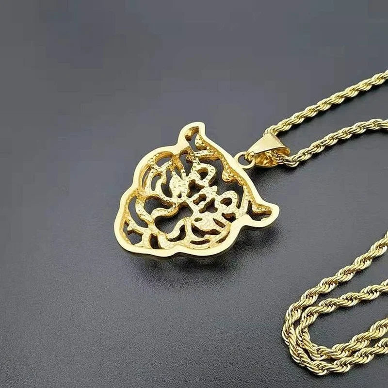 Men's Fashion Titanium Steel Plated Rhinestone Green Eyes Hollow Tiger Head Pendant Necklace Punk Hip Hop Personality