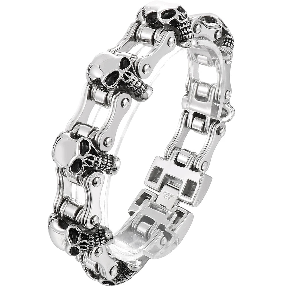 Men's Bike Chain Skull Bracelet Masculine Heavy Stainless Steel Skeleton Head Bracelets Party Accessories for Rapper