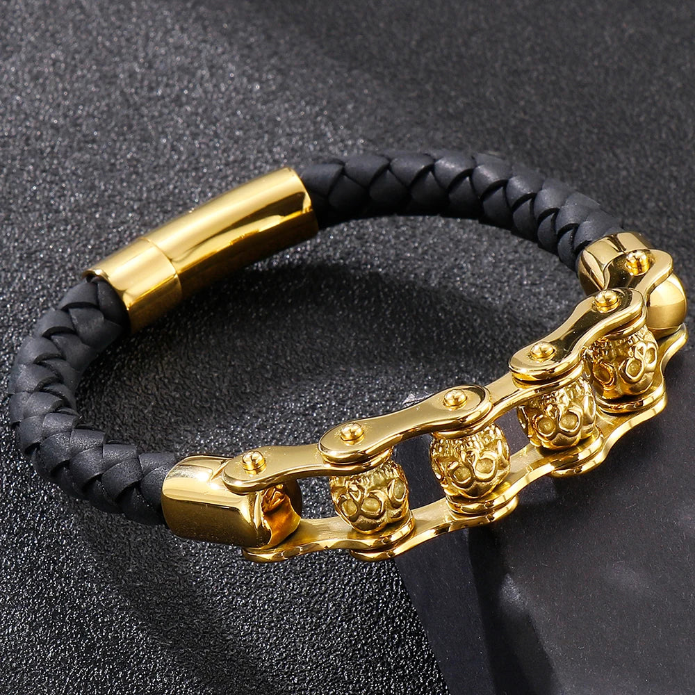 Rotatable Relieve Stress Skull Head Beads Bracelets for Man Punk Gothic Stainless Steel & Leather Motorcycle Biker
