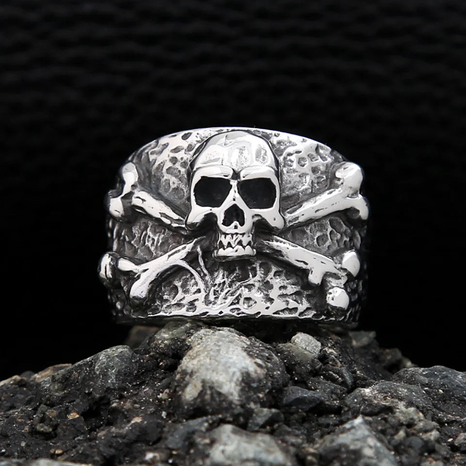 Punk Vintage Stainless Steel Crossbones Pirate Skull Ring For Men Boys Biker Hip Hop High Quality Fashion Jewelry Gift