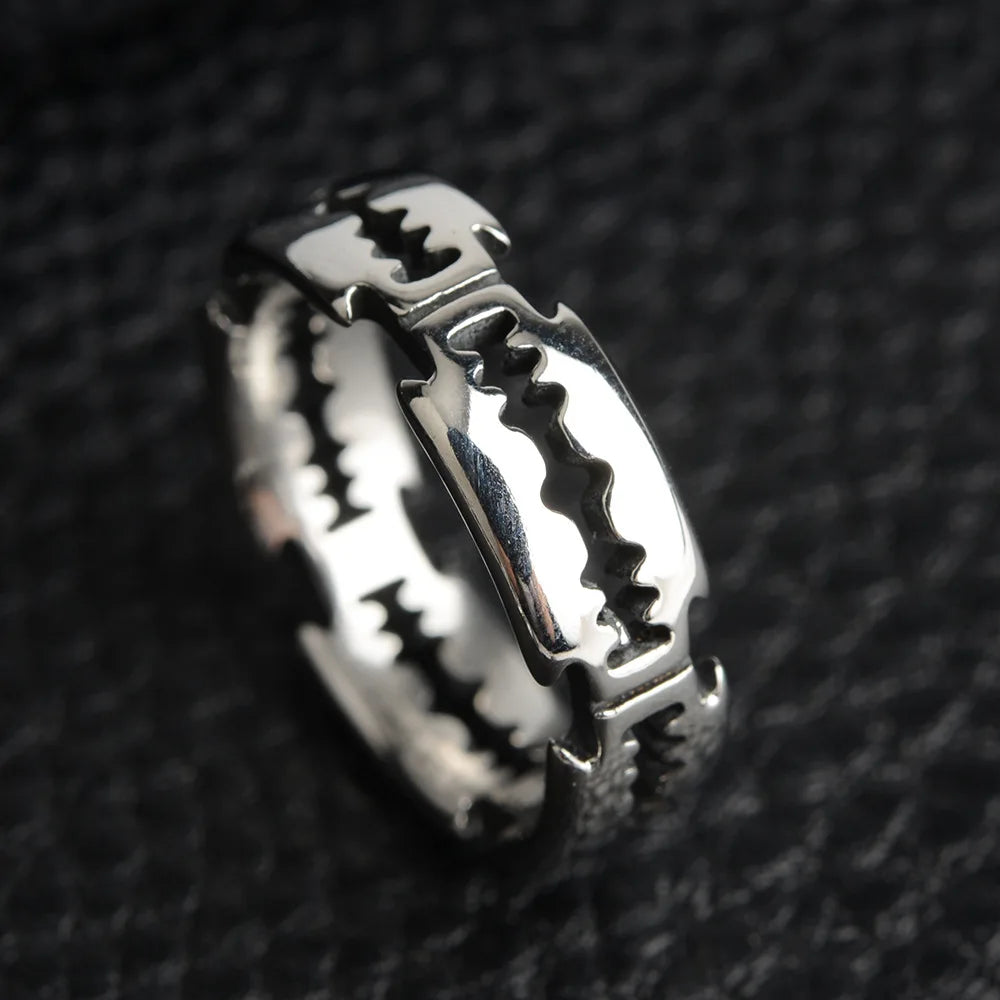 Blade Ring Punk Black Silver Band for Men — Stainless Steel
