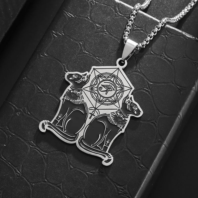Eye of Horus Moon Goddess Bastet Stainless Steel Necklace for Men Women Mystical Ancient Egyptian Amulet Jewelry Gift