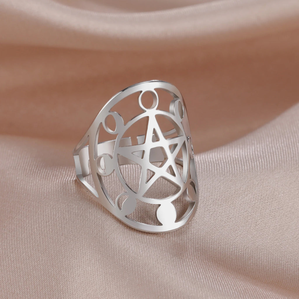 Moon Phase Pentagram Adjustable Ring — Stainless Steel
