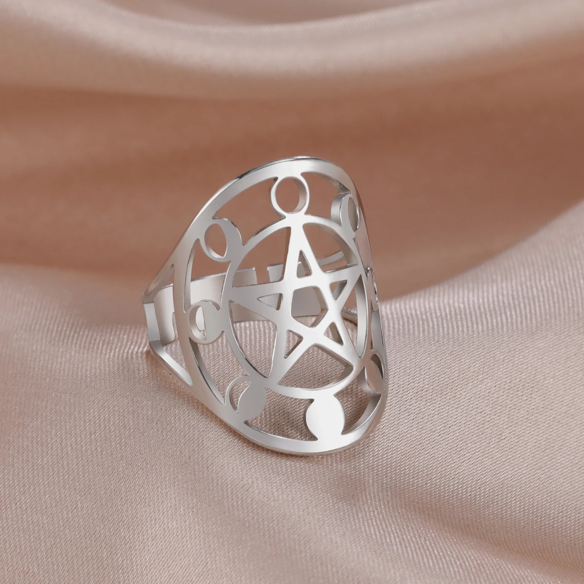 Moon Phase Pentagram Adjustable Ring — Stainless Steel