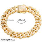 Luxury Iced Out Cuban Chain Bracelet for Men Women, Gold Color Rhinestone Link Wristband, Hip Hop Street Jewelry Gift