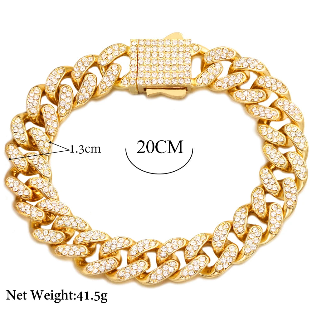 Luxury Iced Out Cuban Chain Bracelet for Men Women, Gold Color Rhinestone Link Wristband, Hip Hop Street Jewelry Gift
