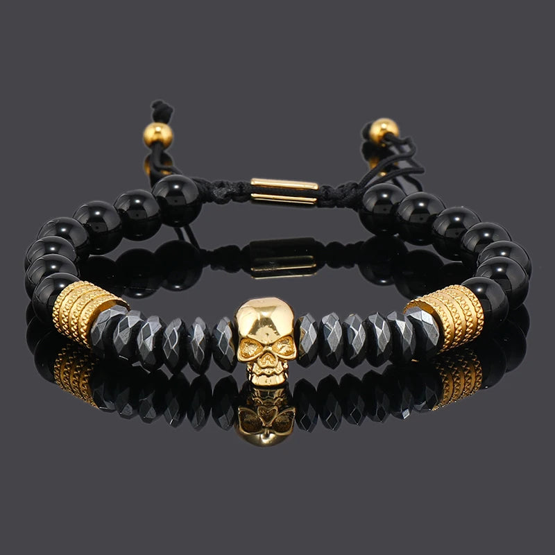 Luxury Black Natural Stone Beads Skull Crown Leopard Head Charms Man Bracelet For Women Hand Jewelry Gift