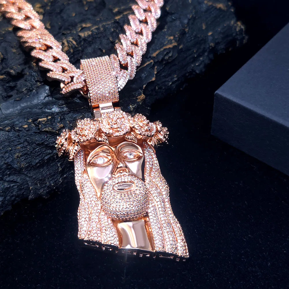 Rose Gold Jesus Cuban Pendant Necklace Iced Out