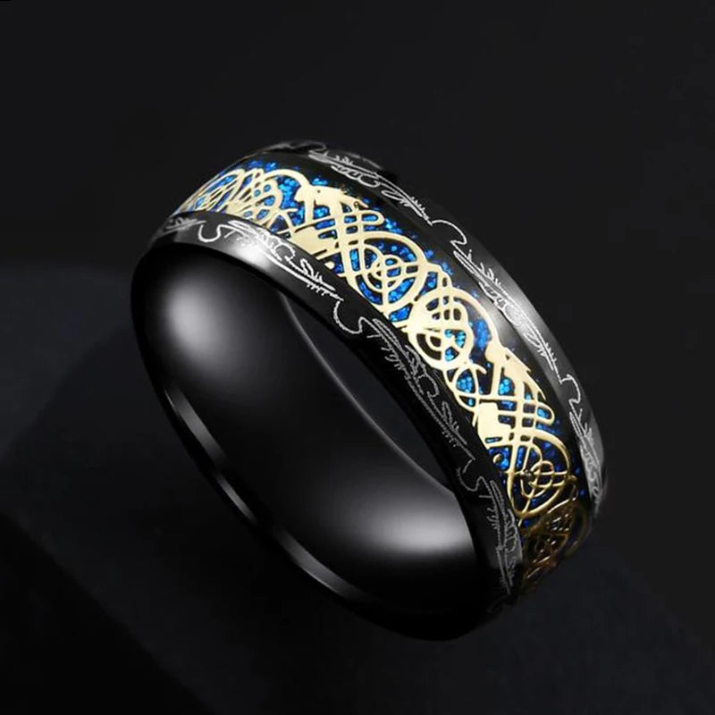 Fashion 8mm Stainless Steel Celtic Dragon Rings For Men Inlay Purple Carbon Fiber Rings Wedding Band Jewelry Birthday Gifts