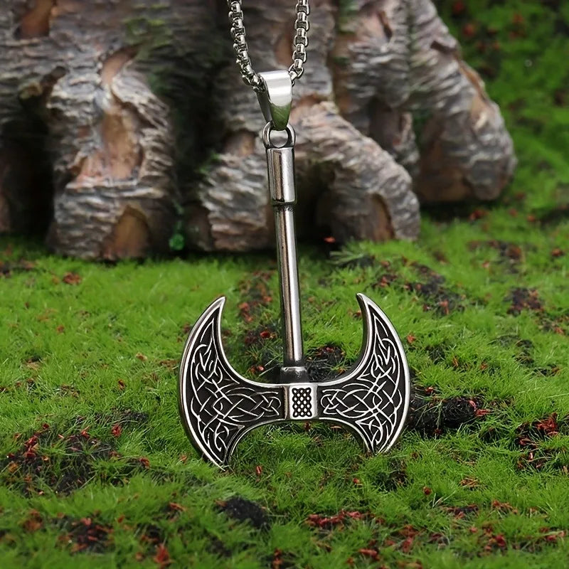 Men's Viking Axe Pendant Necklace Silver Tone Alloy Celtic Pattern Link Chain Retro Nordic Style Fashion Jewelry Accessory