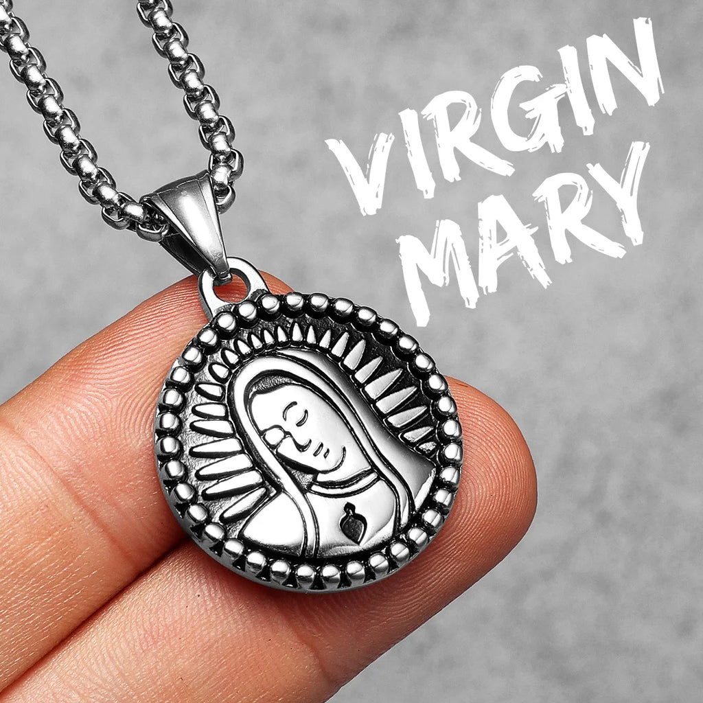 Virgin Mary Pendant Necklace Stainless Steel Vintage