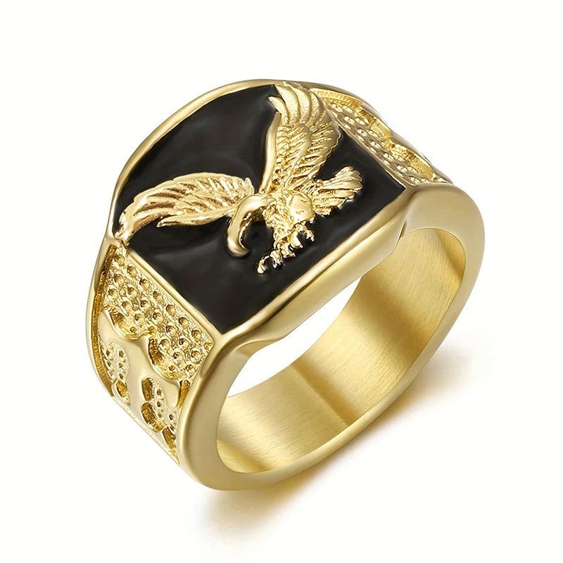 Soaring Eagle Enamel Ring — Wide Band, Gold & Silver Color