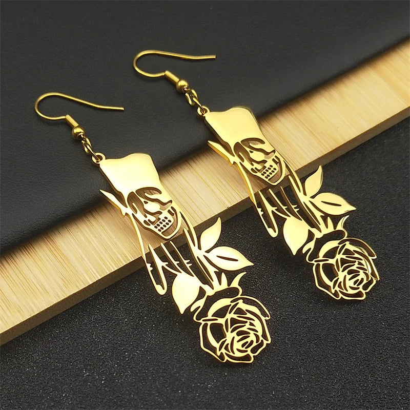 Gothic Skull Gold Earrings Vintage Rose Flower