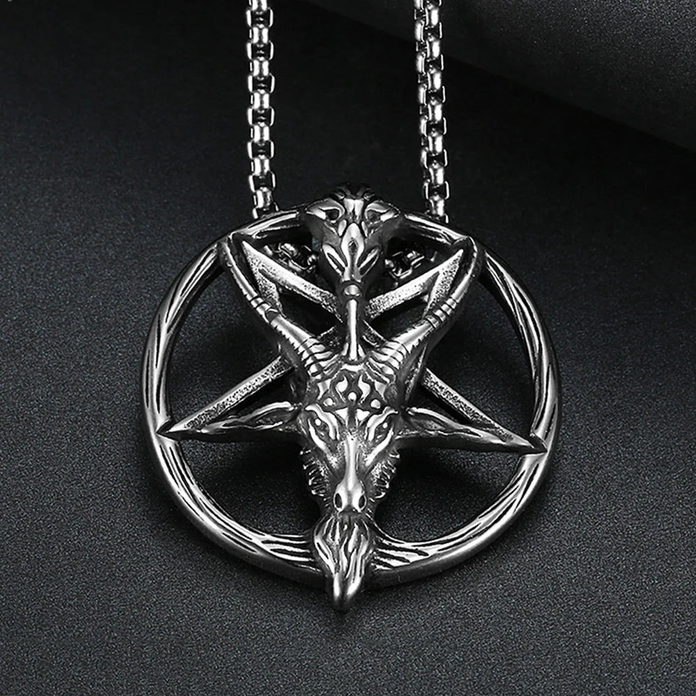 Gothic Vintage Pentagram Satanic Sheep Pendant Necklace For Men Punk Stainless Steel Biker Animal Necklaces Amulet