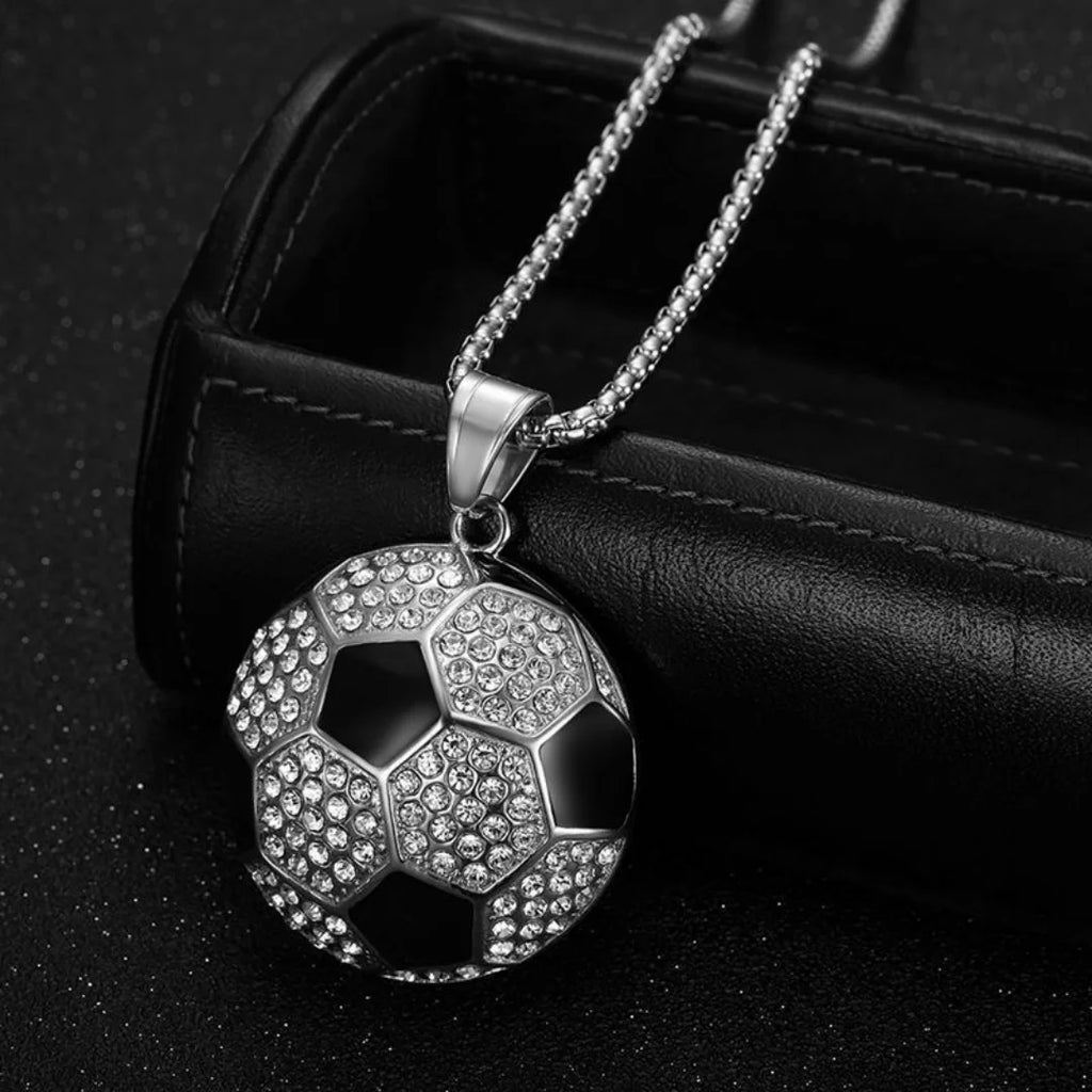 Iced Out Soccer Pendant Necklace — Stainless Steel