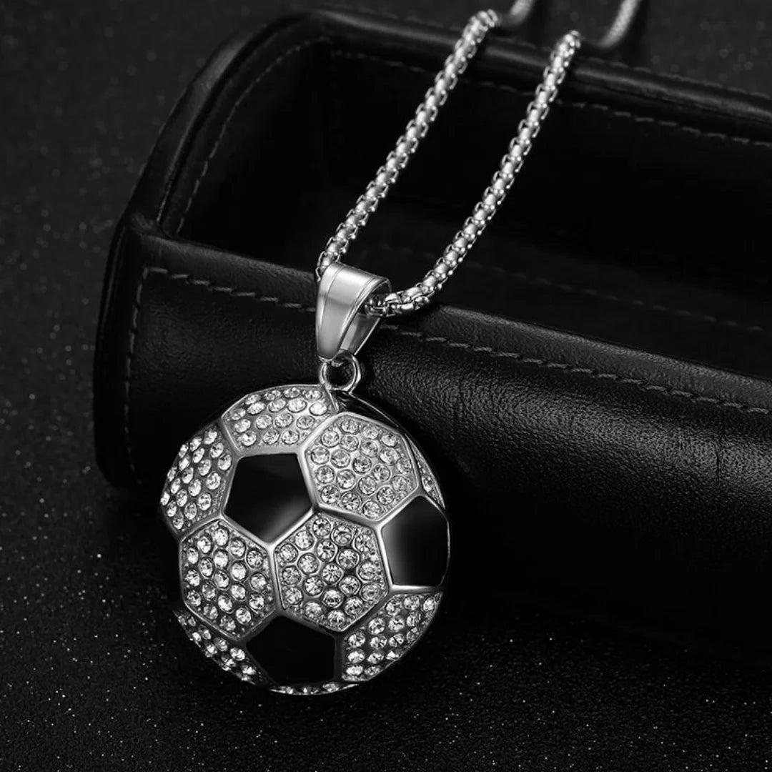 Iced Out Soccer Pendant Necklace — Stainless Steel
