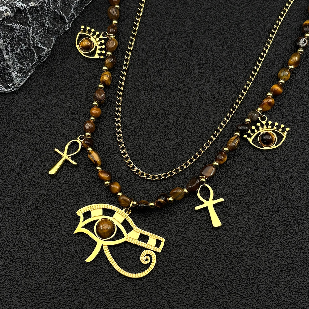 Boho Irregular Tiger Eye Stone Ankh Cross Eye of Horus Evil Eye Stainless Steel Double-layer Choker Necklace Gold Color
