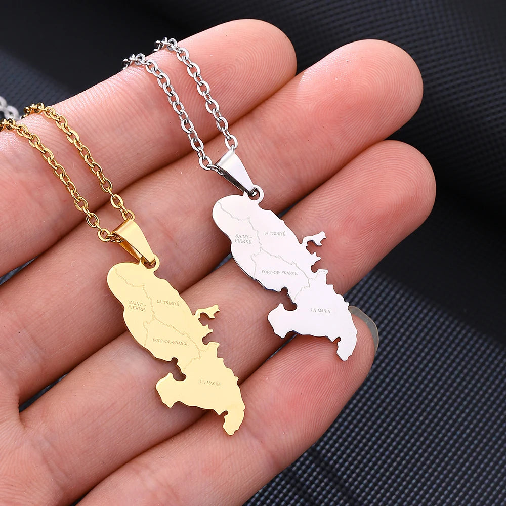 Martinique Map Pendant Necklace — Stainless Steel