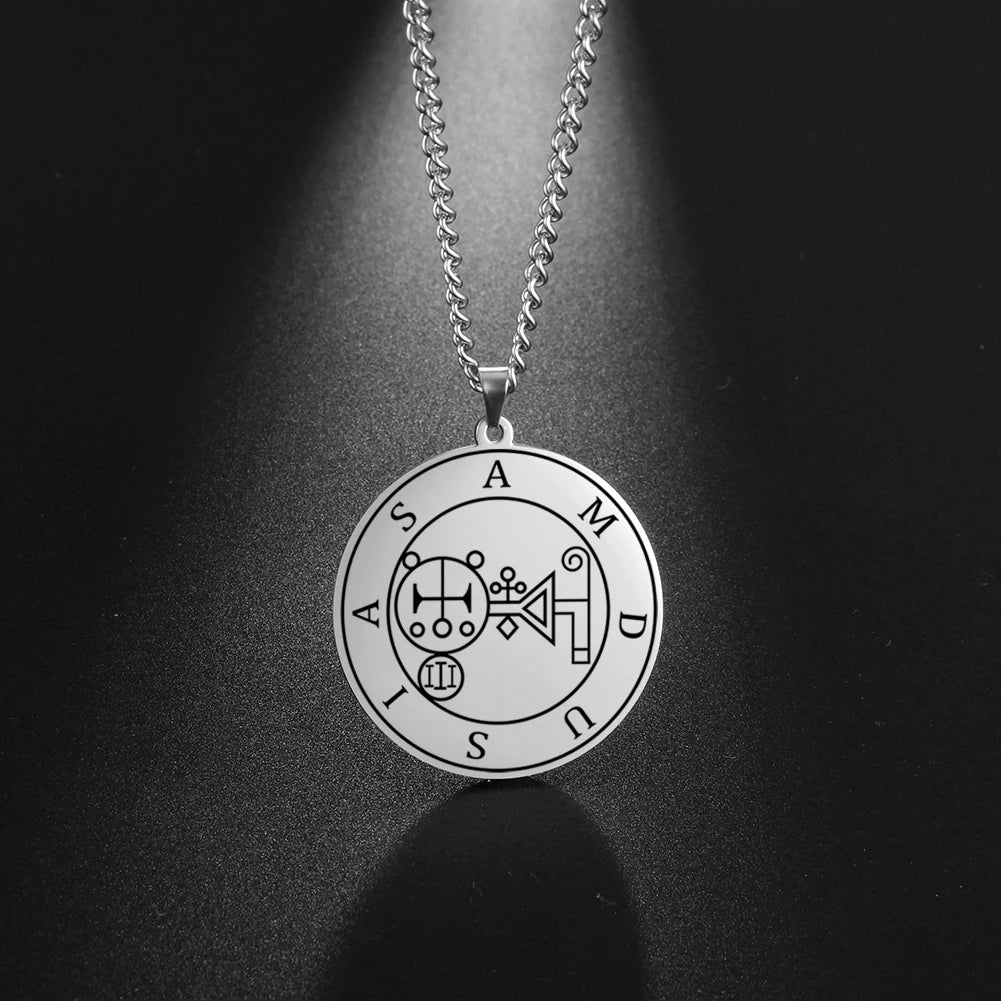 LIKGREAT Lesser Key of King Solomon Occult Sigil 72 Demon Charm Medalion Necklace for Men Women Stainless Steel Magic Talisman