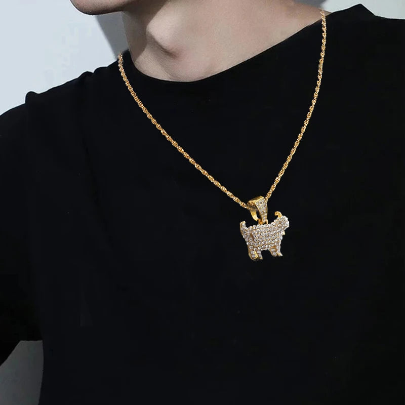 Gold Iced Out Goat Pendant Rope Chain Necklace