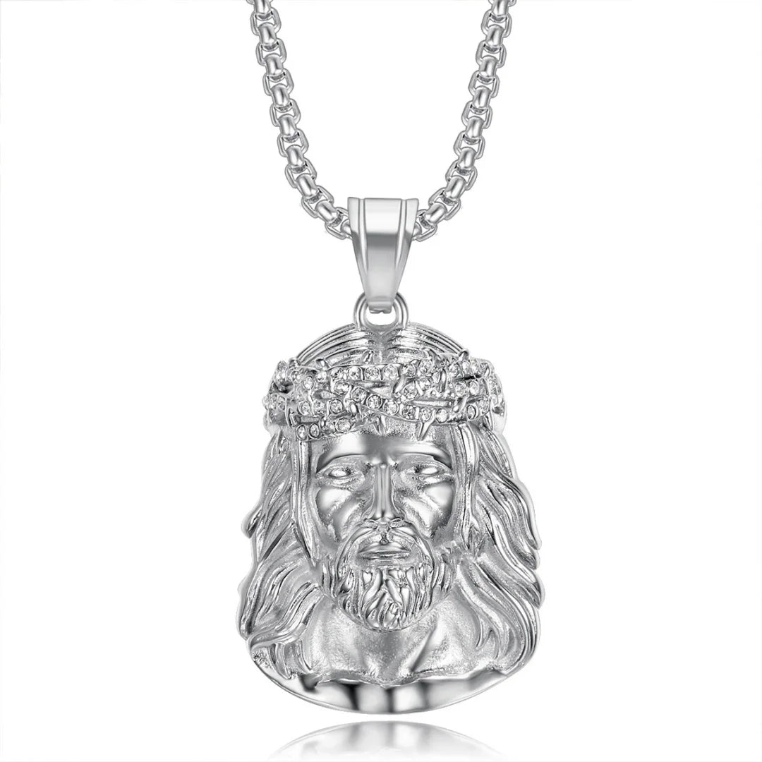 Religious Iced Out Bling Christ Jesus Head Pendant Stainless Steel Cubic Zirconia Christian Necklace for Women Men