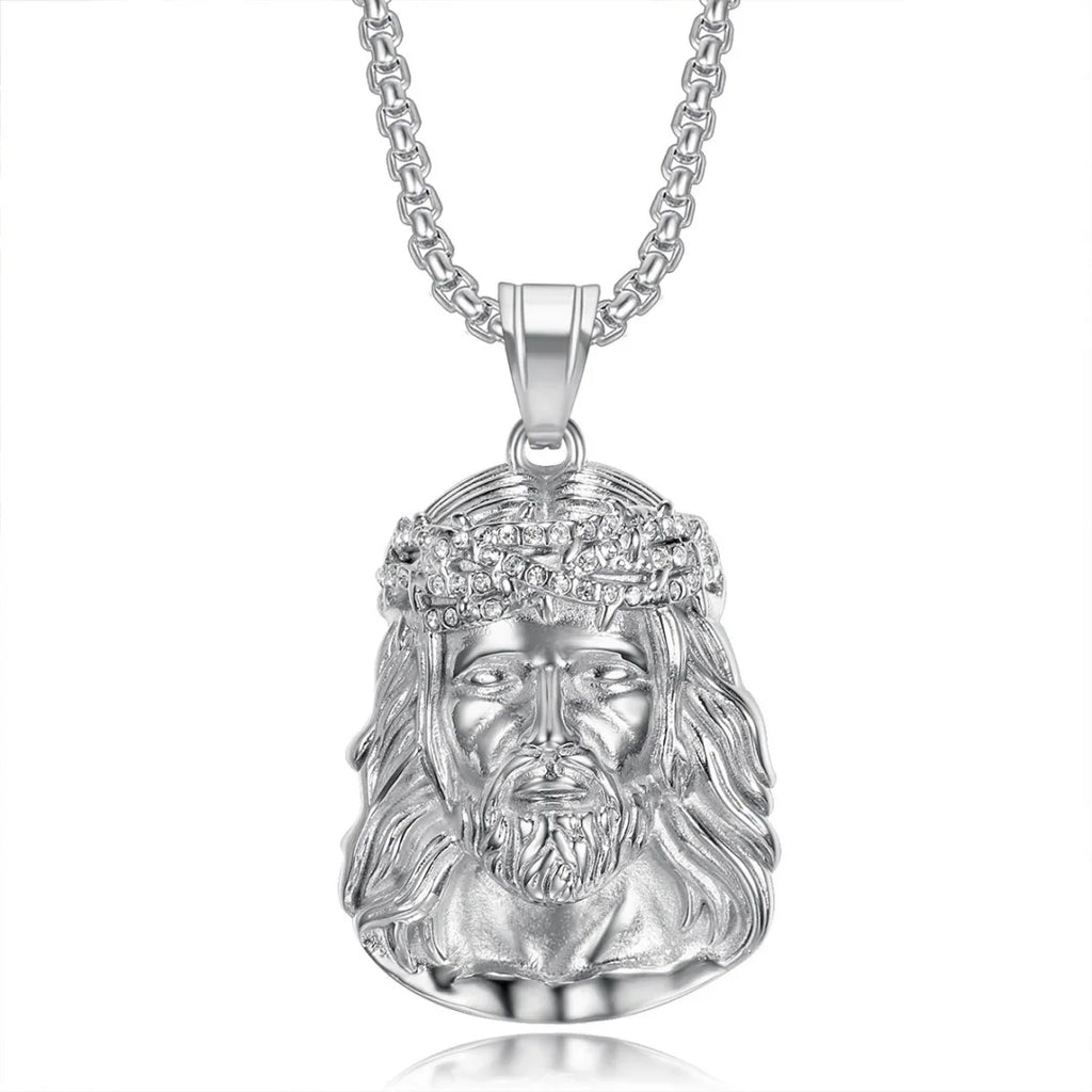 Religious Iced Out Bling Christ Jesus Head Pendant Stainless Steel Cubic Zirconia Christian Necklace for Women Men Jewelry Gift