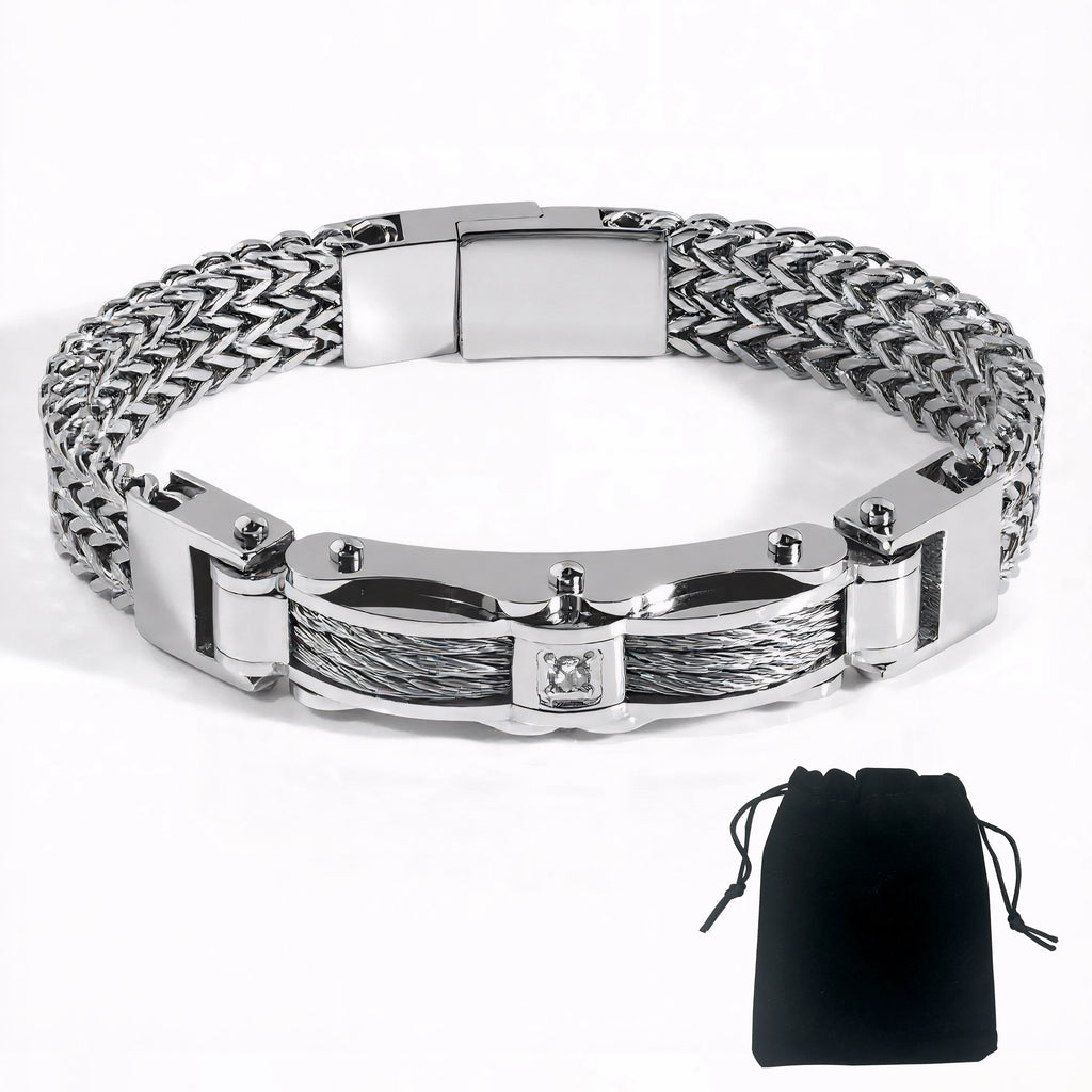 Punk Stainless Steel Bracelet 21 Cm Franco Link Chain Inlaid With Large-Grained Zircon Magnet Clasp