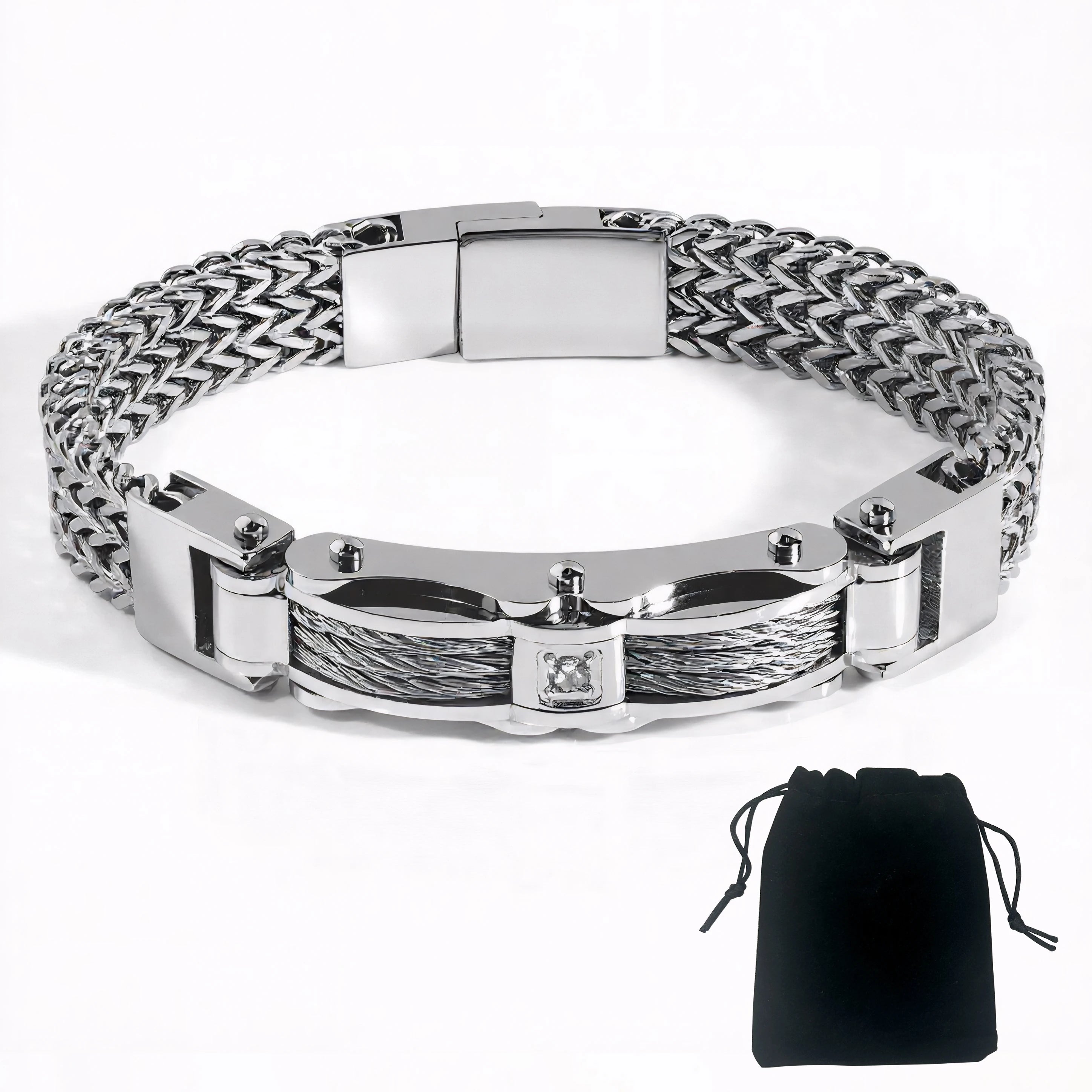 Punk Stainless Steel Bracelet 21 Cm Franco Link Chain Inlaid With Large-Grained Zircon Magnet Clasp