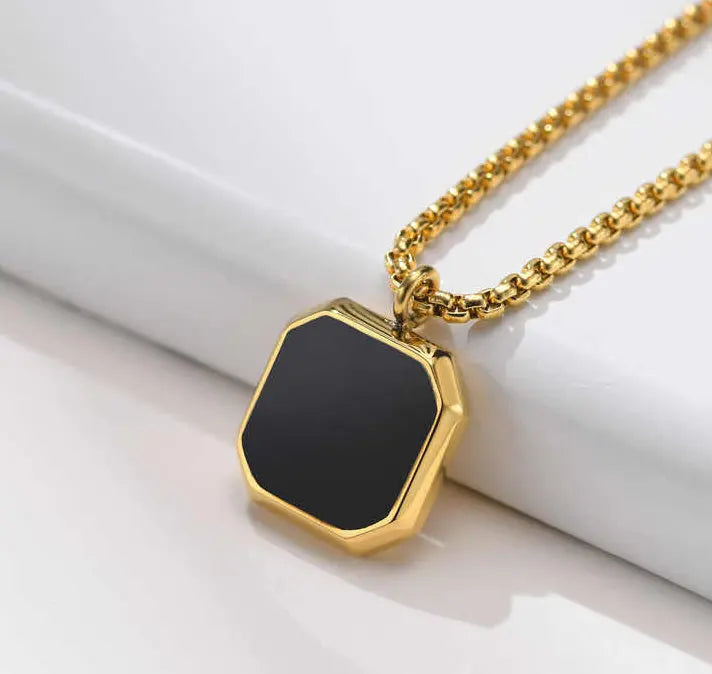 Punk Style Black Square Pendant Necklace For Men Women Hip Hop Stainless Steel Gold Color Neck Chain Rock Jewelry Cool Fashion