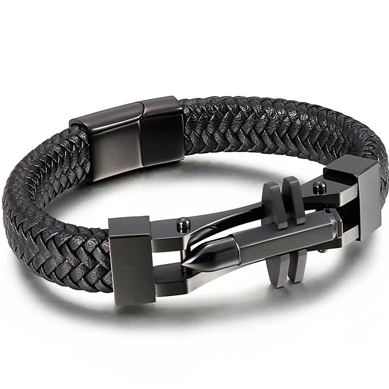 11MM Braided Leather Man Bracelet For Men Gold Color Stainless Steel Men's Charm Cross Bracelets Handmade Hand Bands