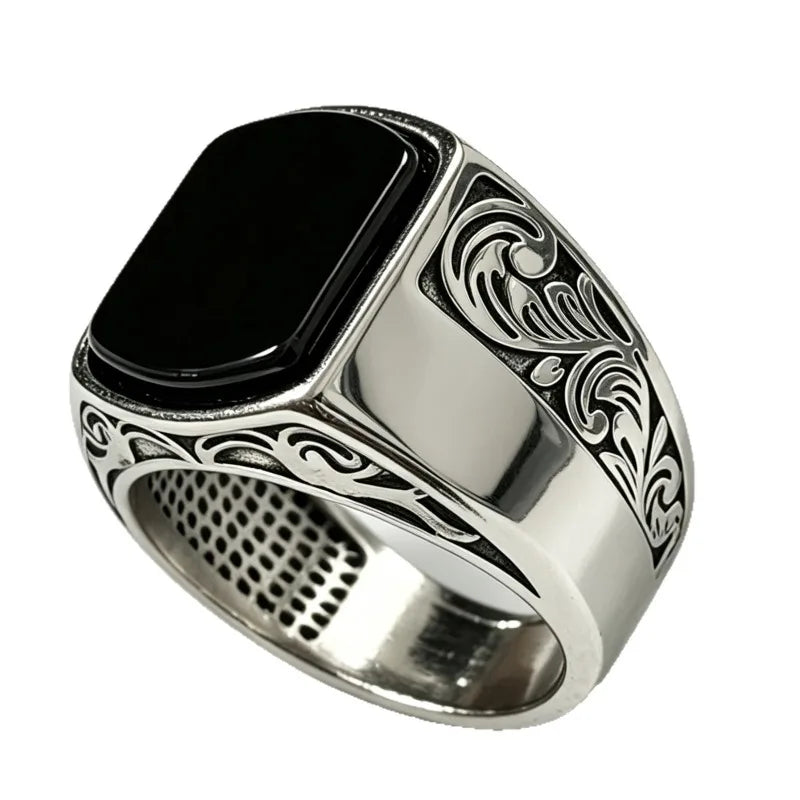 Retro Men's Bold Black Zircon Ring, Carved Edged Men's Ring, Daily Versatile Commute & Evening Accessories