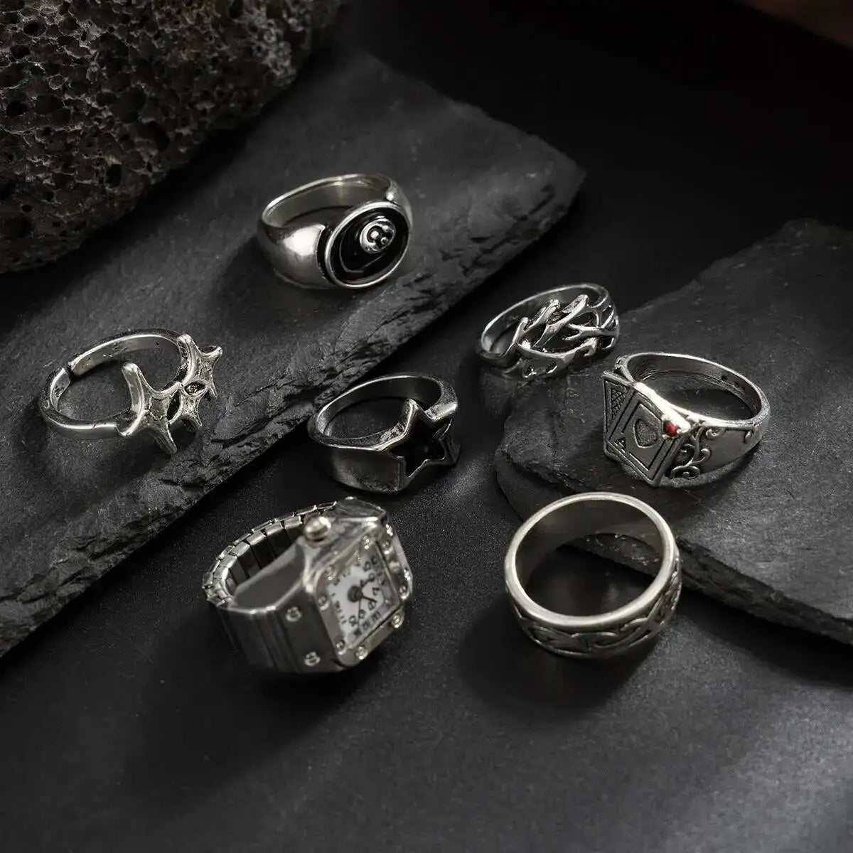 Gothic Silver Pentagram Poker Stack Ring — Silver