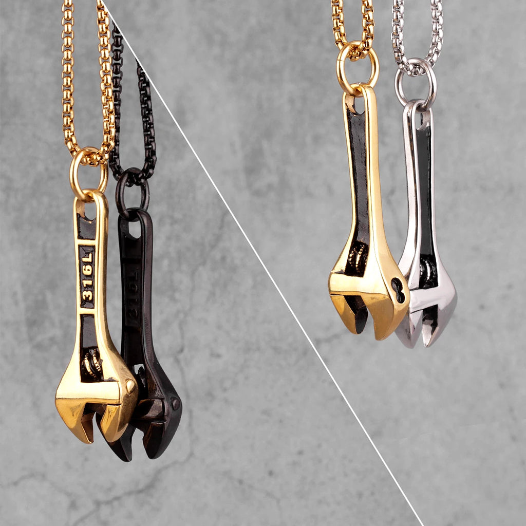 Worker Wrench Men Necklaces Pendants Chain Punk Cool Trendy for Boyfriend Male Stainless Steel Jewelry Creativity Gift Wholesale