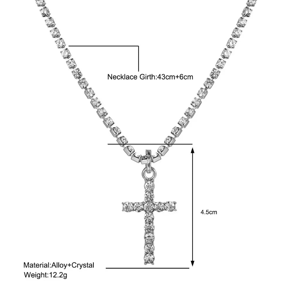 Personality Trend Silver Color Zircon Cross Pendant Necklace for Women Charm Shiny Crystal Chokers Jewelry Gift