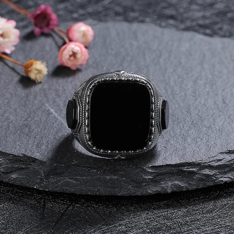 Silver Jewelry Ring Natural 14*16mm Big Black Agate Stone Vintage Ring For Women Party Gifts