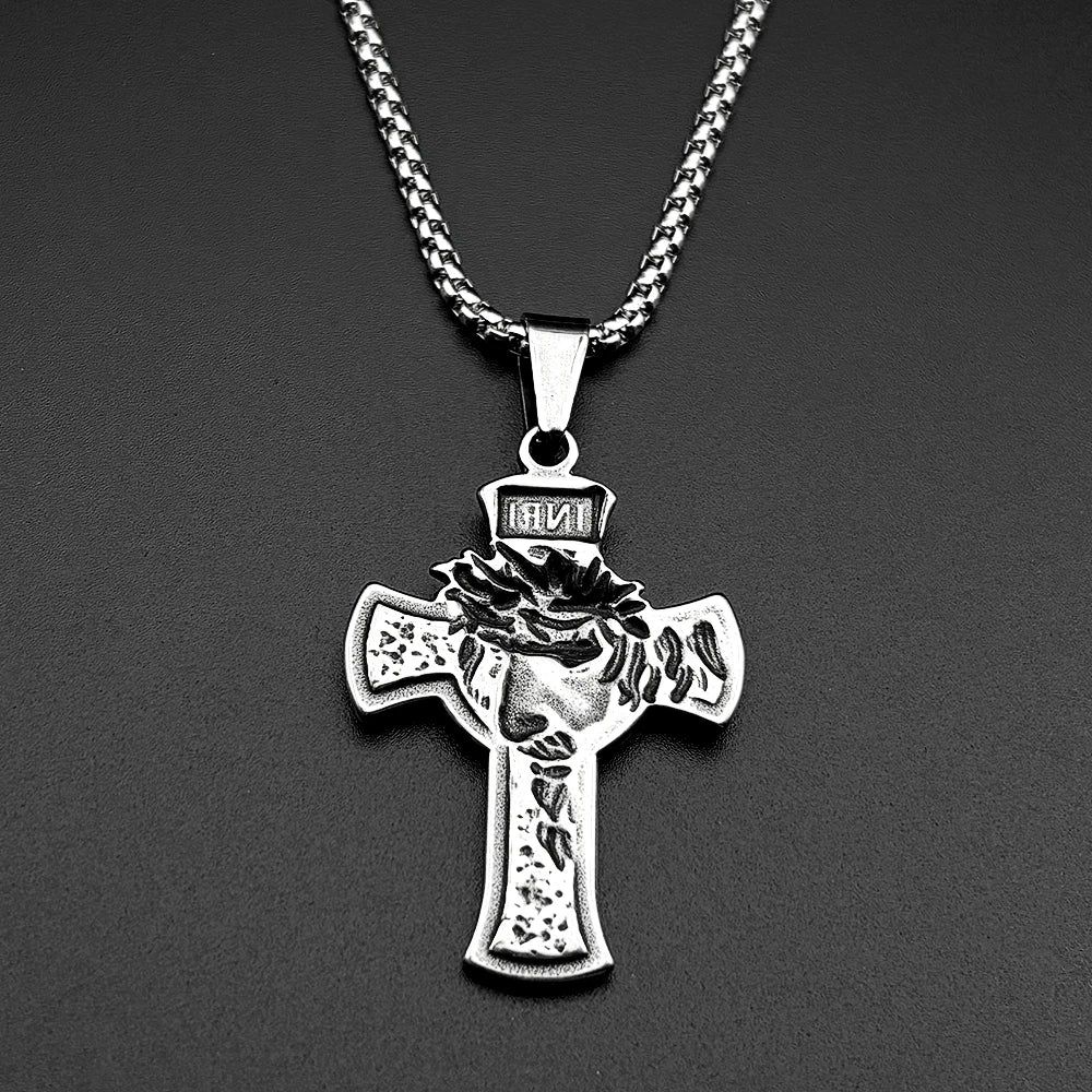 Jesus Crown Thorns Silver Pendant Inri Crucifix