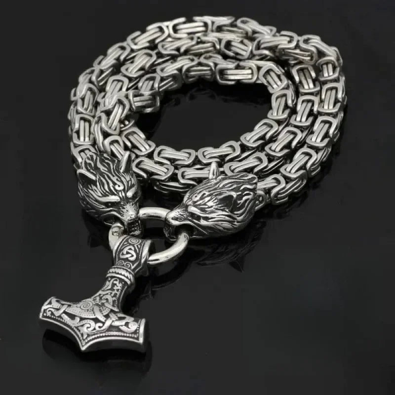 Fashionable And Exquisite New Retro Nordic Viking Hammer Pendant Wolf Head Necklace For Personalized Men'S Amulet