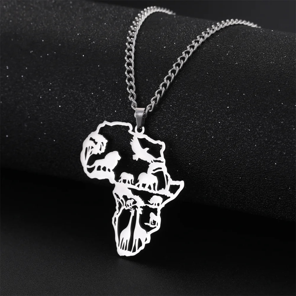 Africa Map Animals Pendant — Stainless Steel