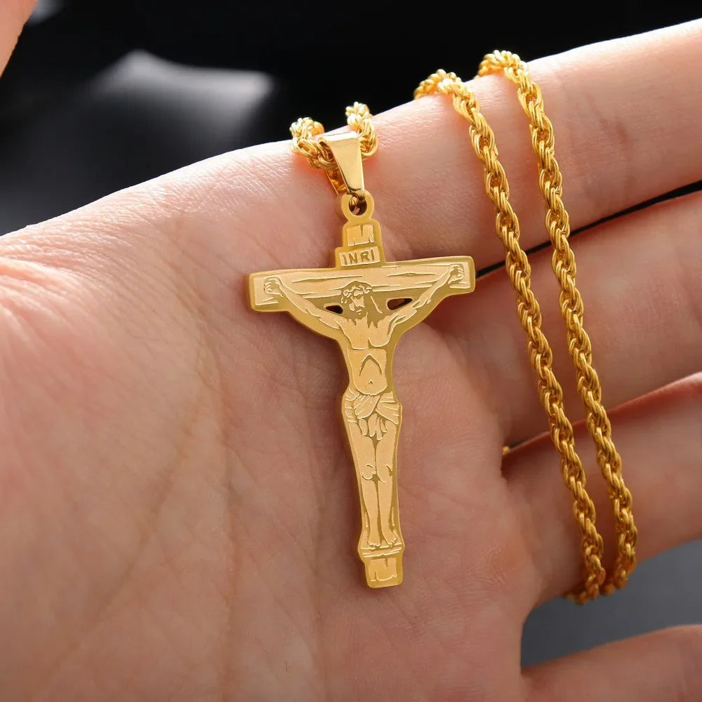 Jesus Cross & Saint Benedict Pendant Necklace — Stainless Steel