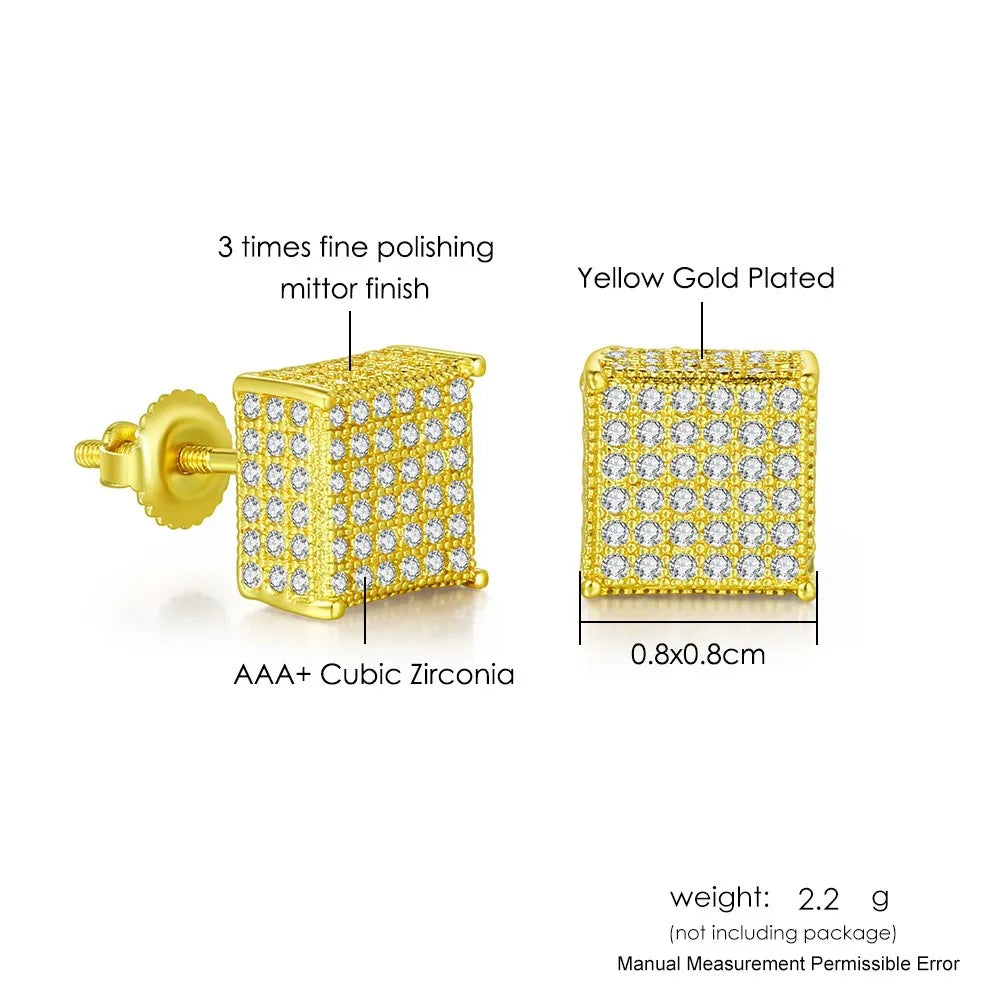 Gold Color Earrings For Men Women Punk Silver Color Square Cubic Zirconia Earings Sparkling Jewelry Gift For Male