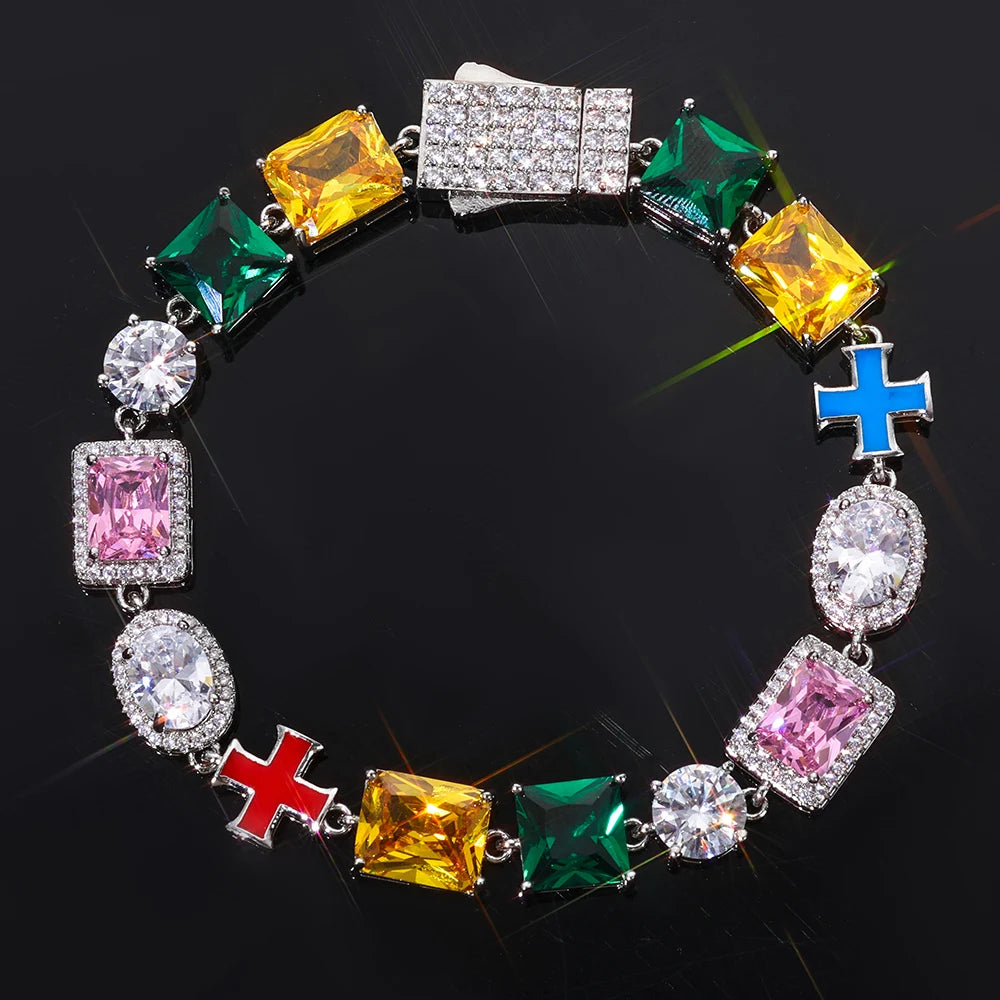 Cross Iced Out Gemstone Bracelet Stainless Steel