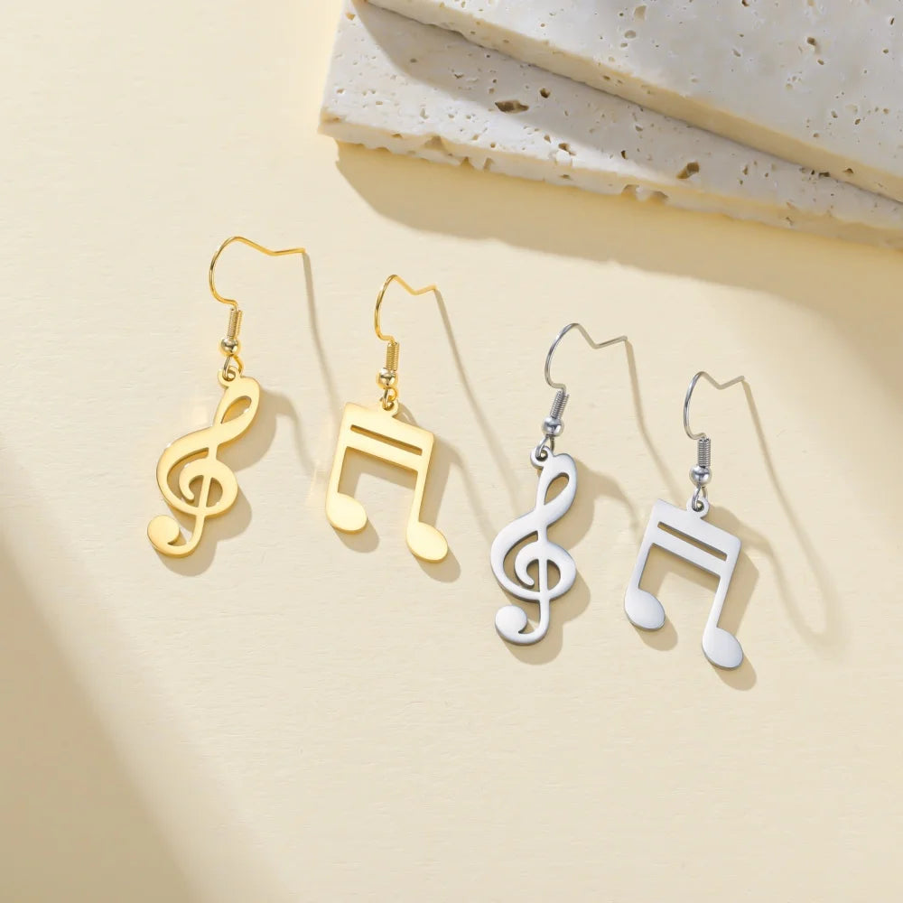 Music Note Drop Earrings for Women — Asymmetric Stainless Steel