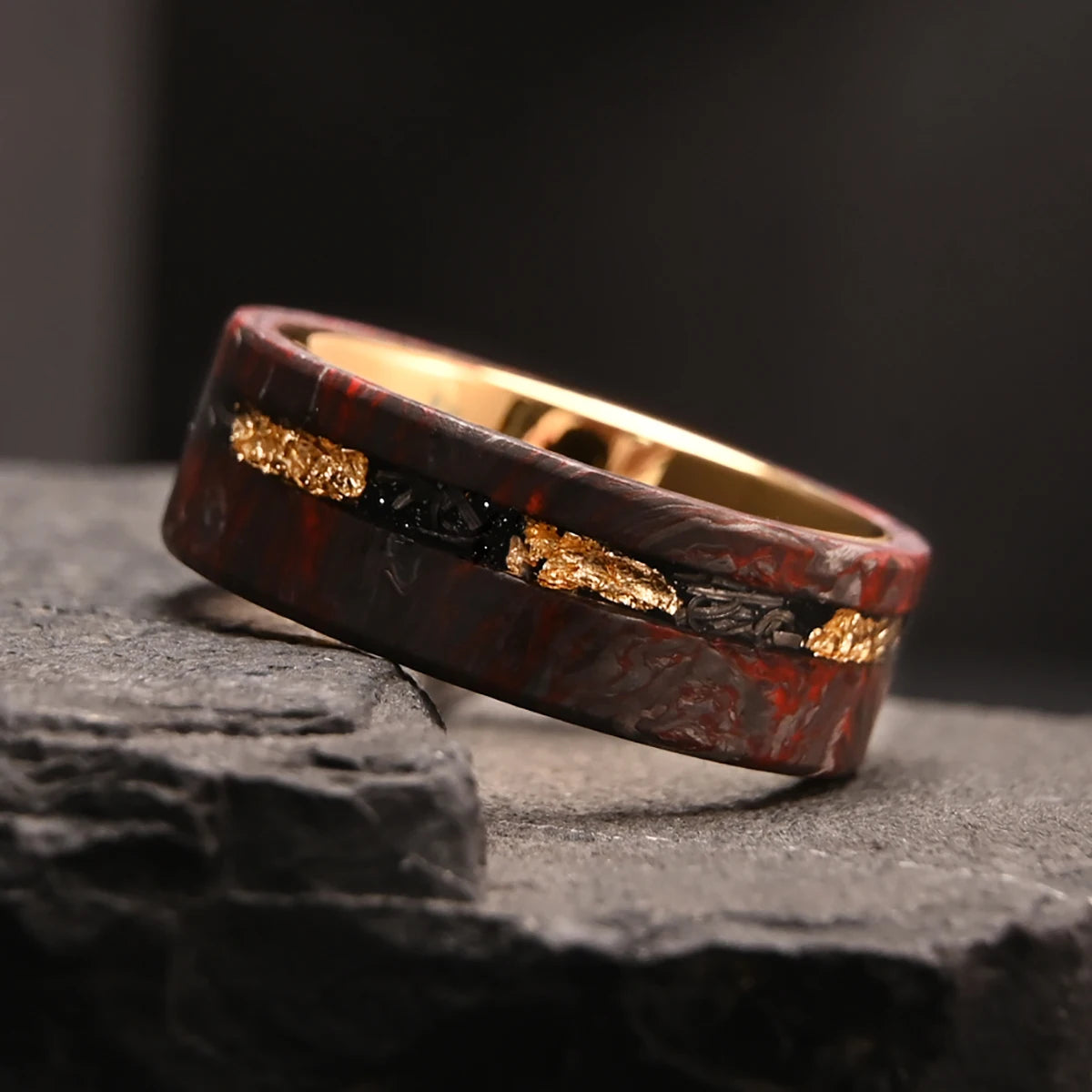 8MM Golden/Red Men's Tungsten Carbide Wedding Bands Fashion Carbon Fiber Ring Luxury Jewelry Inlaid Gold Leaf Meteorite Comfort
