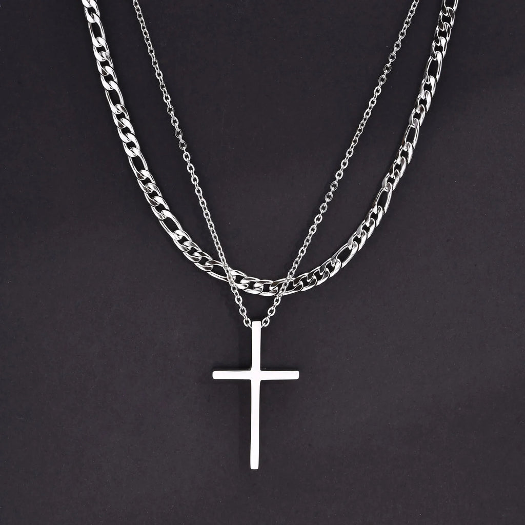 Layered Cross Pendant Set — Stainless Steel