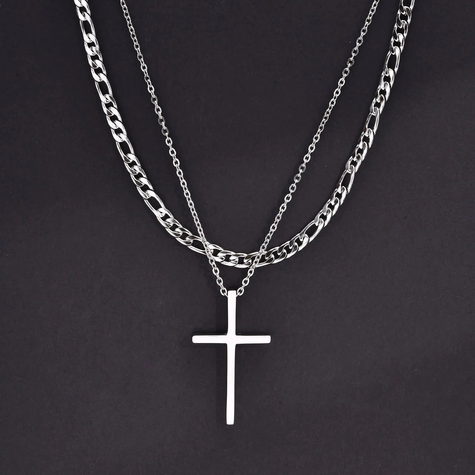 Layered Cross Pendant Set — Stainless Steel