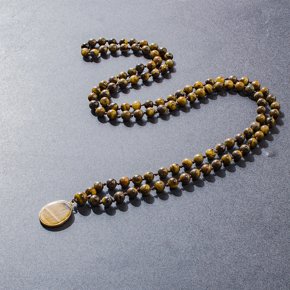 8mm Yellow Tiger Eye Bead Knot 108 Mala Necklace Meditation Yoga Prayer Jewelry with Tiger Eye Pendant for Men and Women