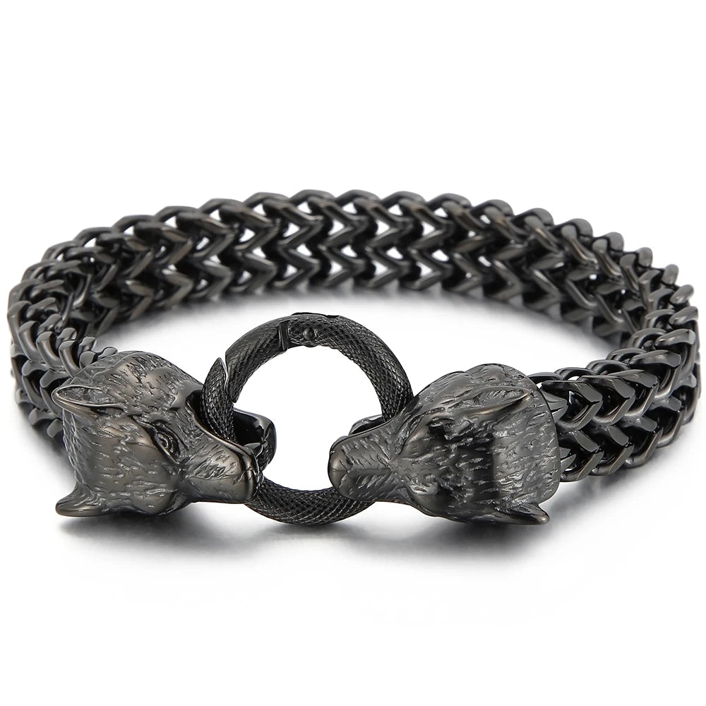 Viking Wolf Head Bracelet for Man With Square Franco Link Chain Stainless Steel Men's Bracelets Masculine Norse